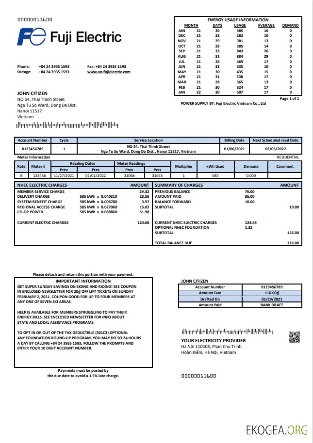 Vietnam Fuji Electric Vietnam Co. utility bill template in Word format